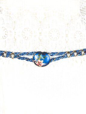 80s vintage braided rope cloisonne blue gold stretch belt